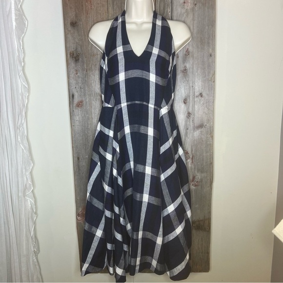 Eva Franco Anthropologie Plaid Halter Dress Pin Up Linen Blend Blue Motif Sz 10 - Picture 3 of 15